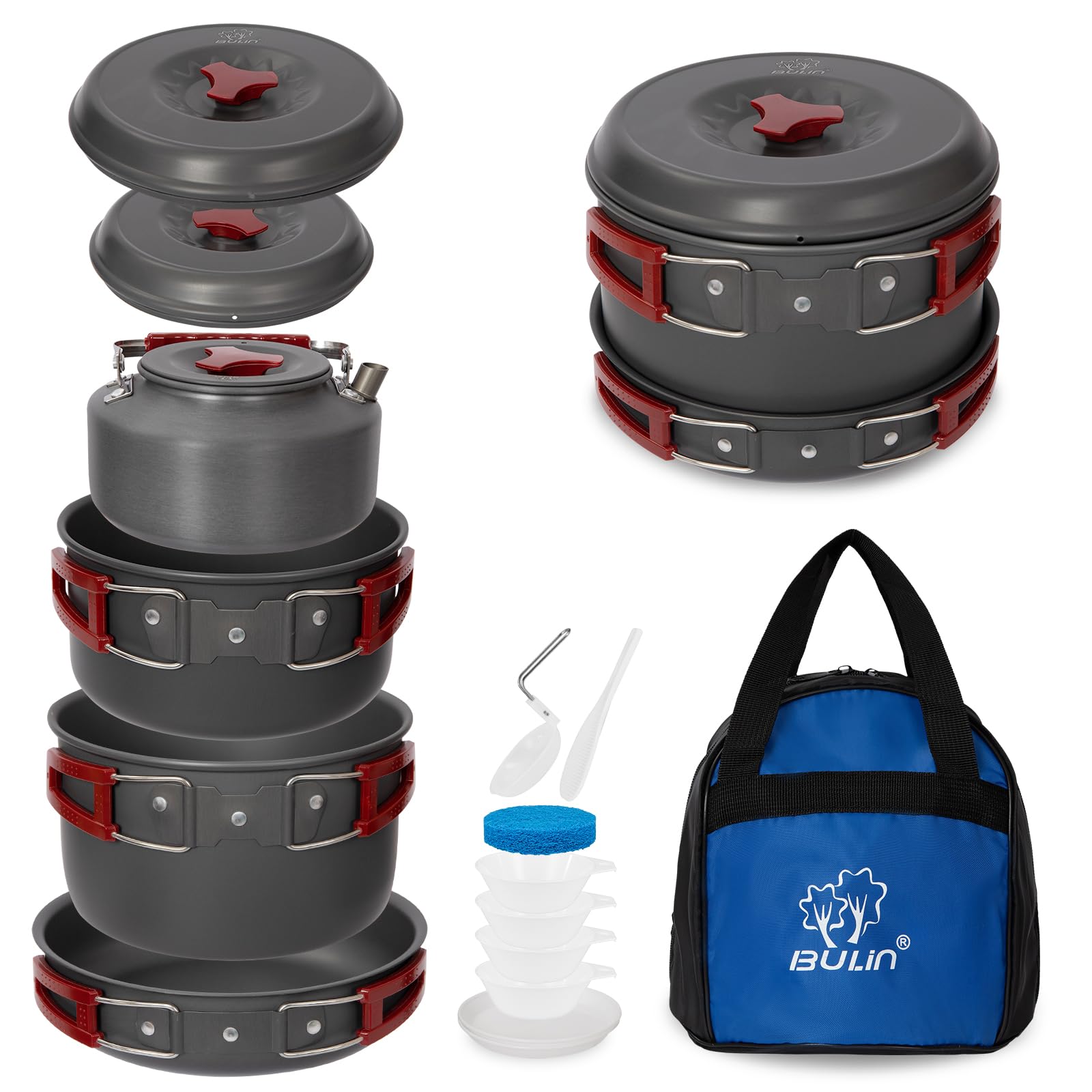 Bulin Camping Cookware Mess Kit, Nonstick Backpacking Cooking Set, Outdoor Cook Gear For Family Hiking, Picnic Lightweight Cookw