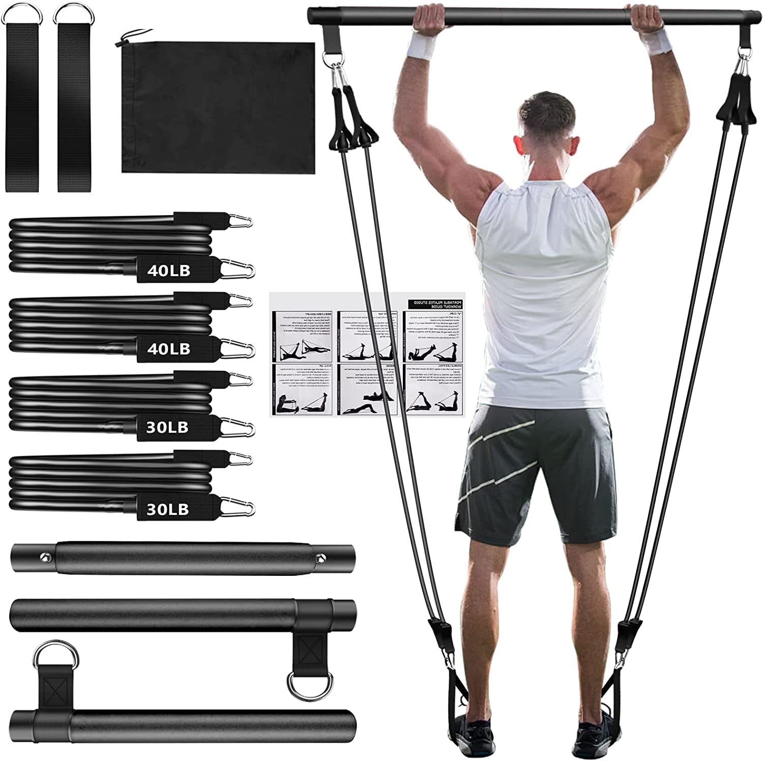 Pilates Bar Kit with Resistance Bands(4 x Bands),3-Section Pilates Flexbands Kit Workout Equipment for Legs,Hip,Waist and Arm,Fi
