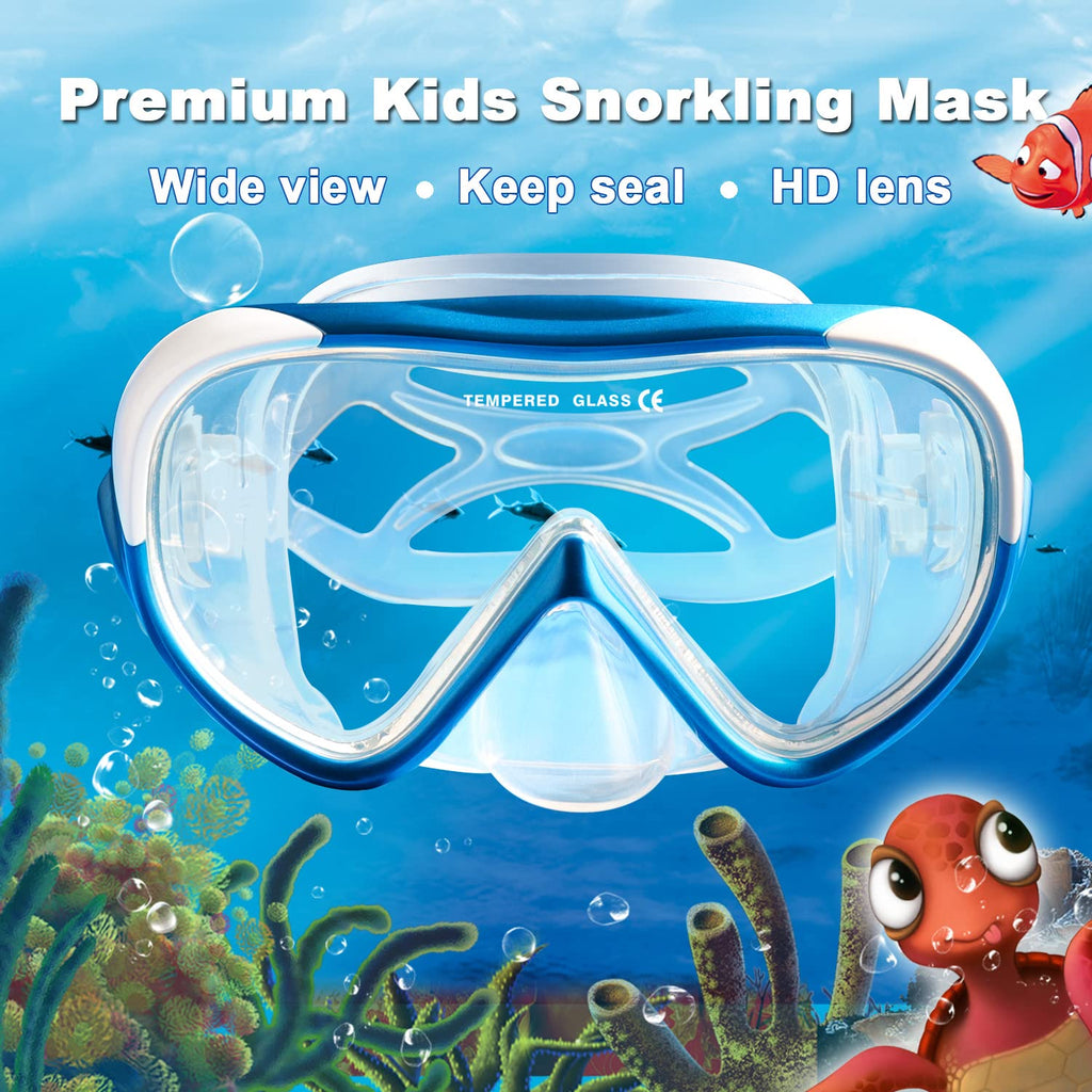 Kids Snorkel Swim Mask, Child Diving Mask Anti-Fog Swim Goggles With Nose Cover For Snorkeling Diving Swimming (Blue)