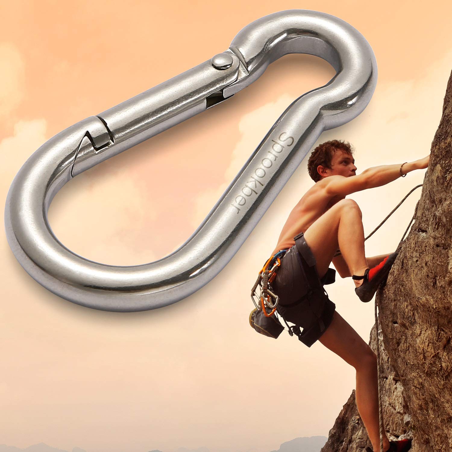 Sprookber Stainless Steel Spring Snap Hook Carabiner - 304 Stainless Steel Caribeener Clips, Set Of 6