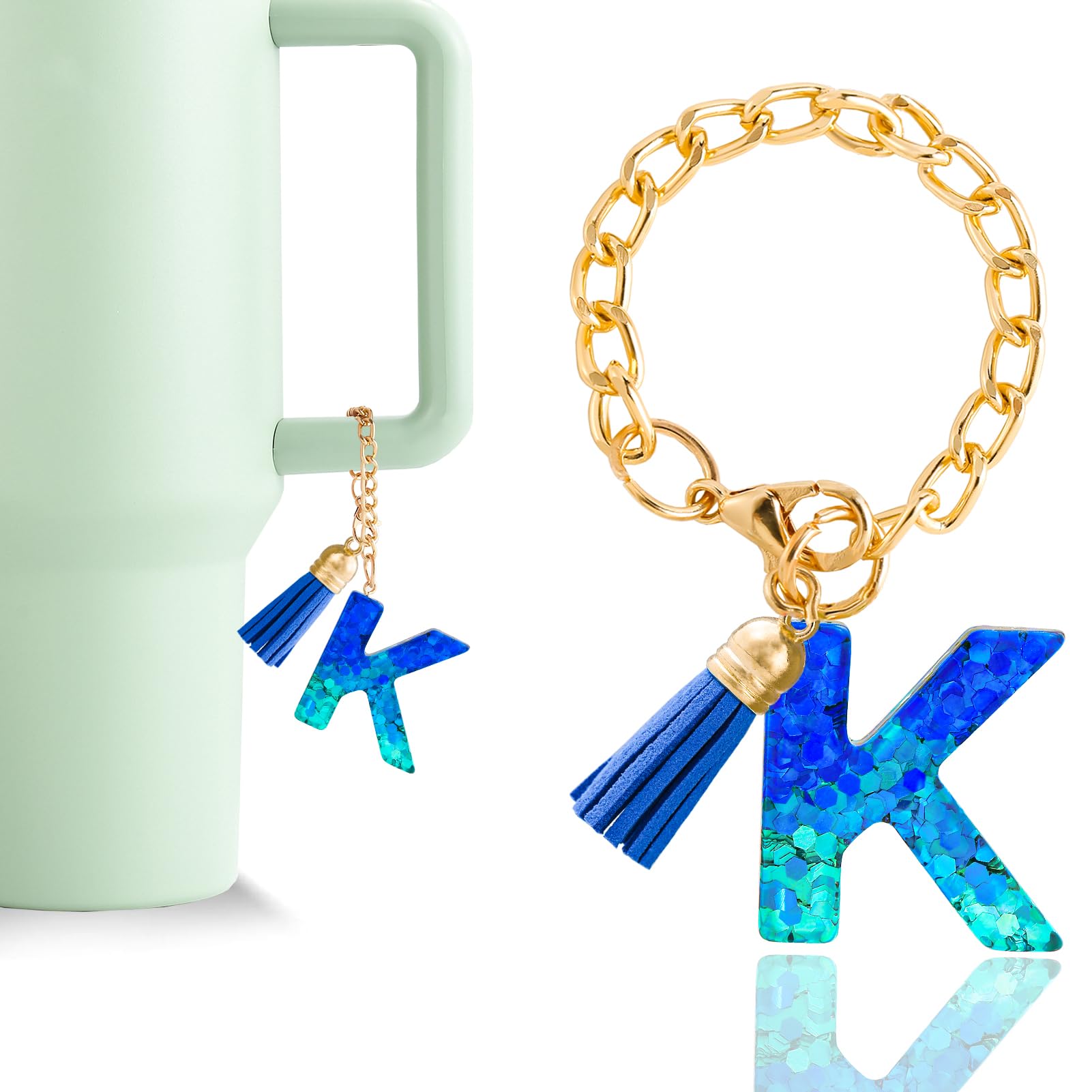 Letter Charm Accessories for Stanley Cup 1 PCS Cute Initial Keychain Handle Charm for Stanley Tumbler for Women Blue Letter K