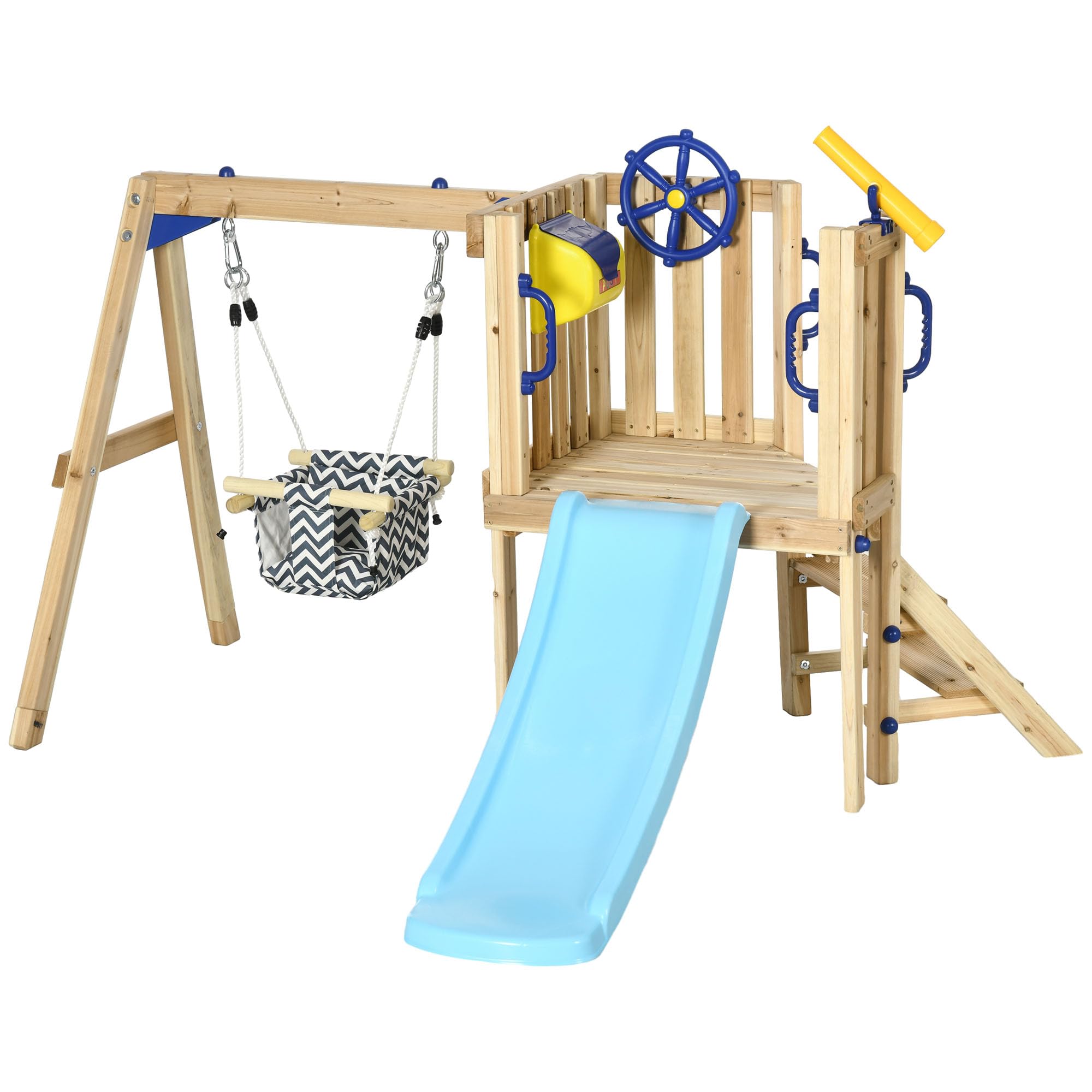 Outsunny 3 in 1 Wooden Swing Set Outdoor Playset with Baby Swing Seat, Toddler Slide, Captain's Wheel, Telescope, Kids Backyard 