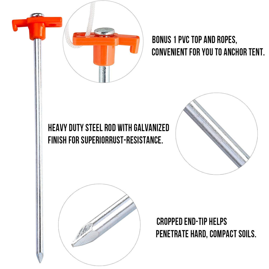 Abccanopy 15 Inch Tent Stakes 10 Pcs Non-Rust Metal Ground Anchors, Heavy Duty Spikes With 4 Ropes For Outdoor Camping, Orange