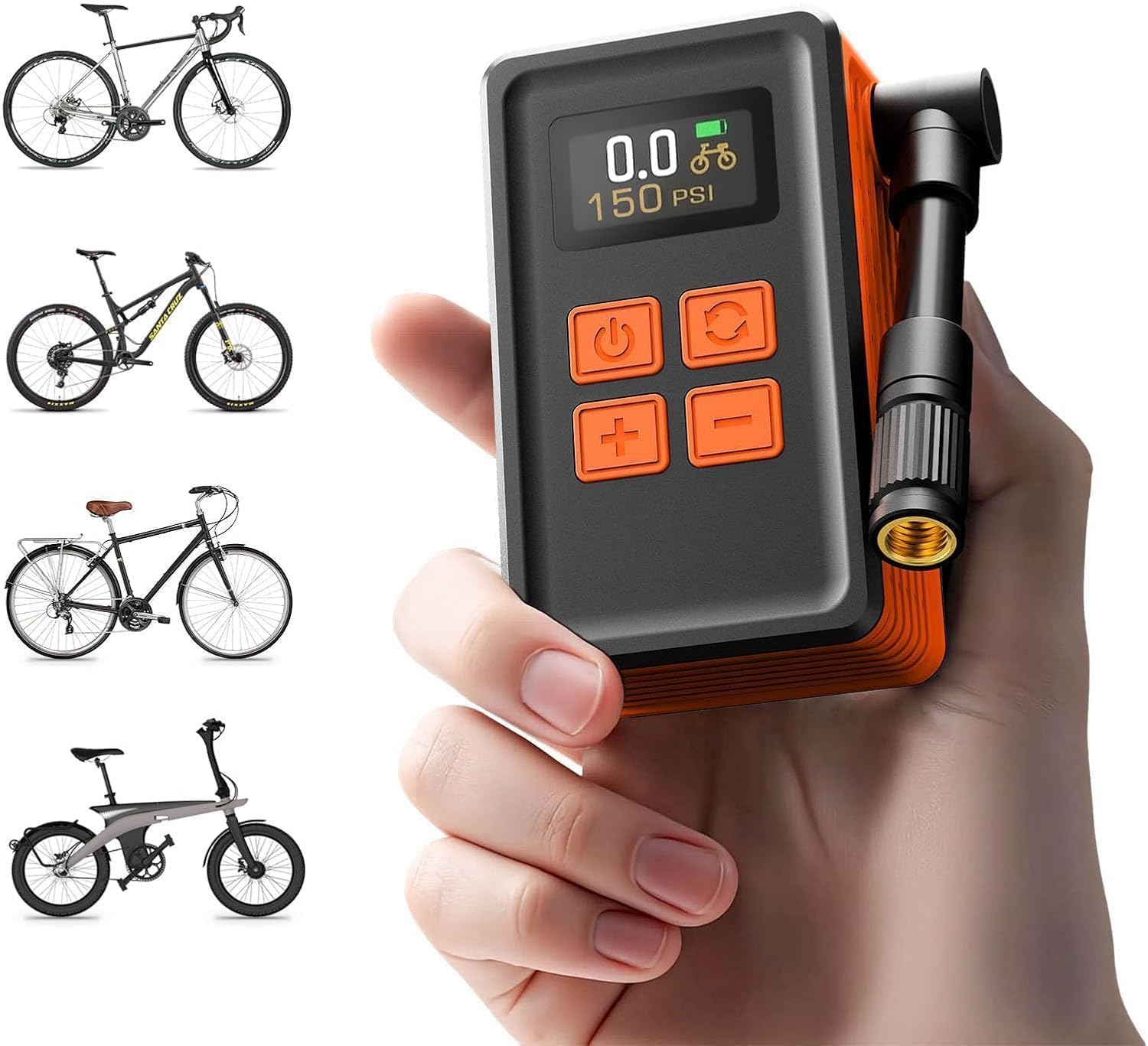 Mini Bicycle Pump with Gauge, Max 150PSI Electric Bike Pump with Presta & Schrader Valve, 4X Faster, Auto Stop, Brushless Motor,