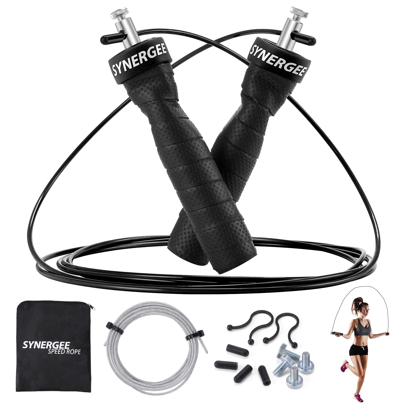 Synergee Jet Black Speed Jump Rope - (2) Adjustable 10 Ft Cable - Steel Ball Bearings - For Crossfit, Mma, Boxing & Fitness, Ant