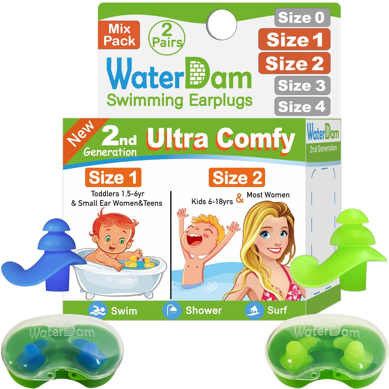 Waterdam Swimming Ear Plugs Great Waterproof Ultra Comfy Earplugs Prevent Swimmer'S Ear (Size 1+2: Toddlers (Blue) & Small&Mediu