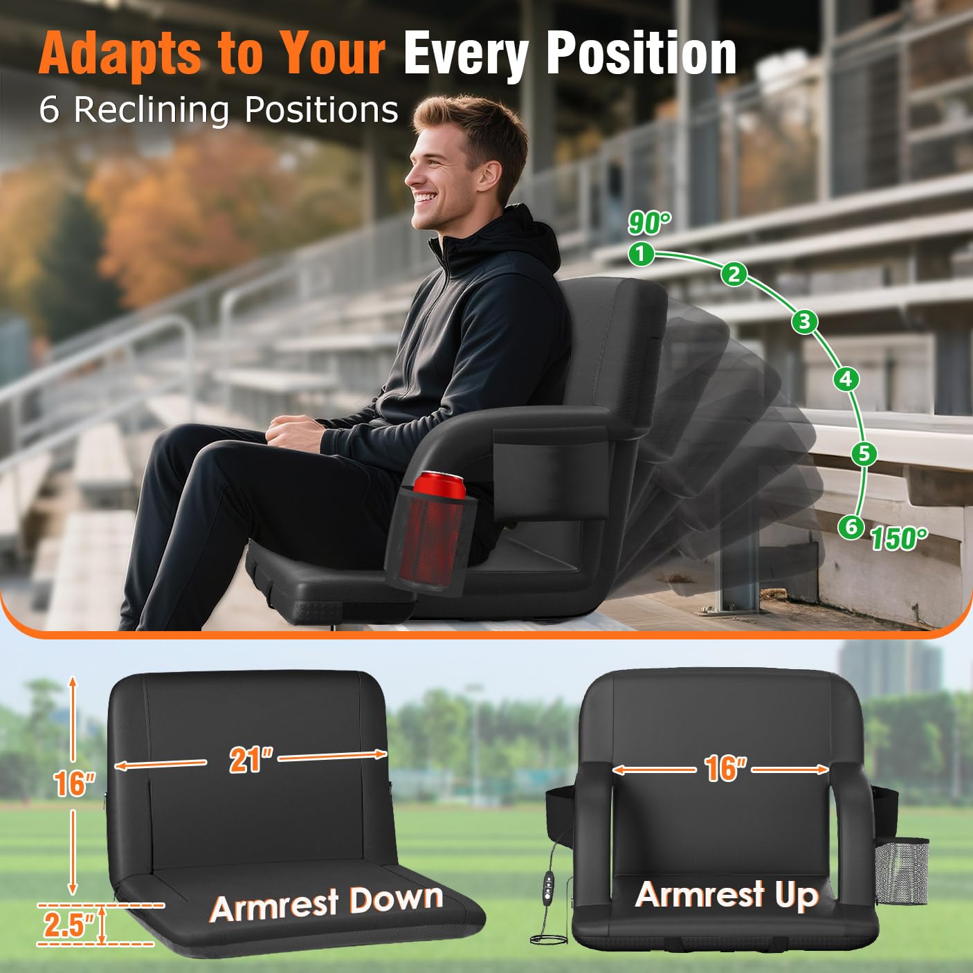 Suteck 2Pc Dual-Side Heated Stadium Seat With Back Support, 21 Wide Cushion, Foldable Bleacher Chair W/Usb 3-Level Heating, 5 St