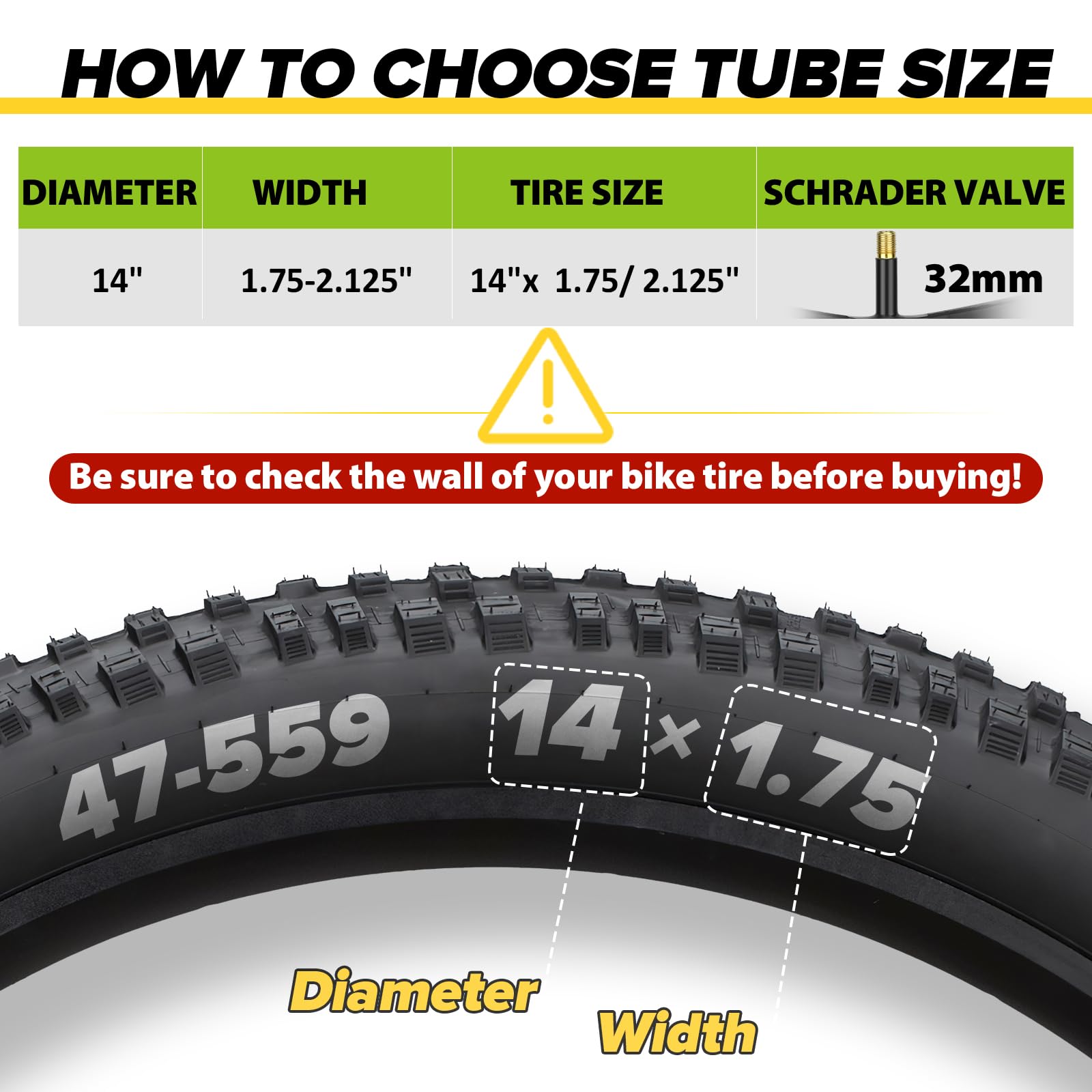 2 Pack 14 Inch Bike Tube Fit 1.75/1.95/2.125 with 32mm Schrader Valve, 14x2.125 Bike Tube with 2PCS Levers, 14 x 2.125 Inner Tub