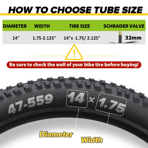 2 Pack 14 Inch Bike Tube Fit 1.75/1.95/2.125 with 32mm Schrader Valve, 14x2.125 Bike Tube with 2PCS Levers, 14 x 2.125 Inner Tub