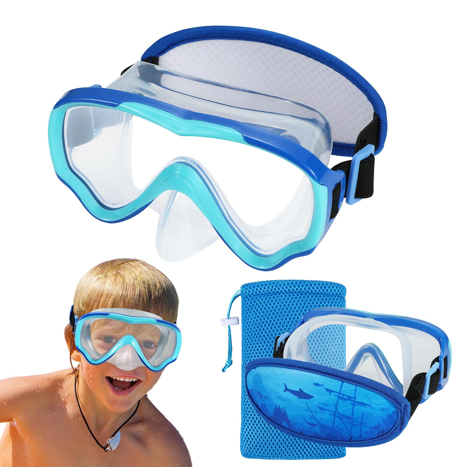 RUIGAO Kids Goggles Age 6-14, Diving Mask Neoprene Strap,Pool Goggles with Nose Cover / Anti Fog for Boys