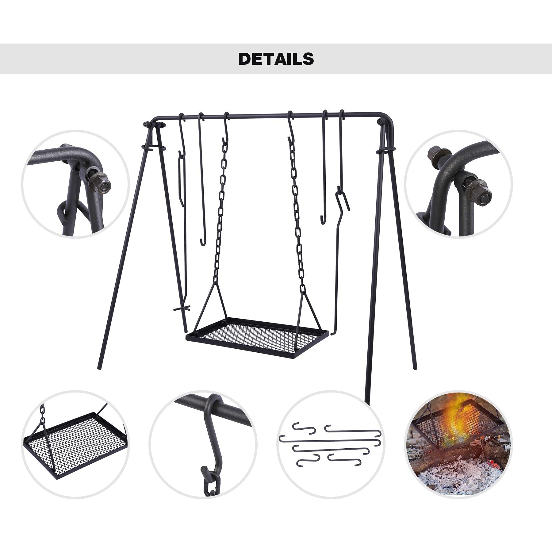 Redcamp Campfire Swing Grill Stand, Portable Hanging Cooking Grill Rack With Dutch Oven Lid Lifter & Hooks For Outdoor Bbq Picni