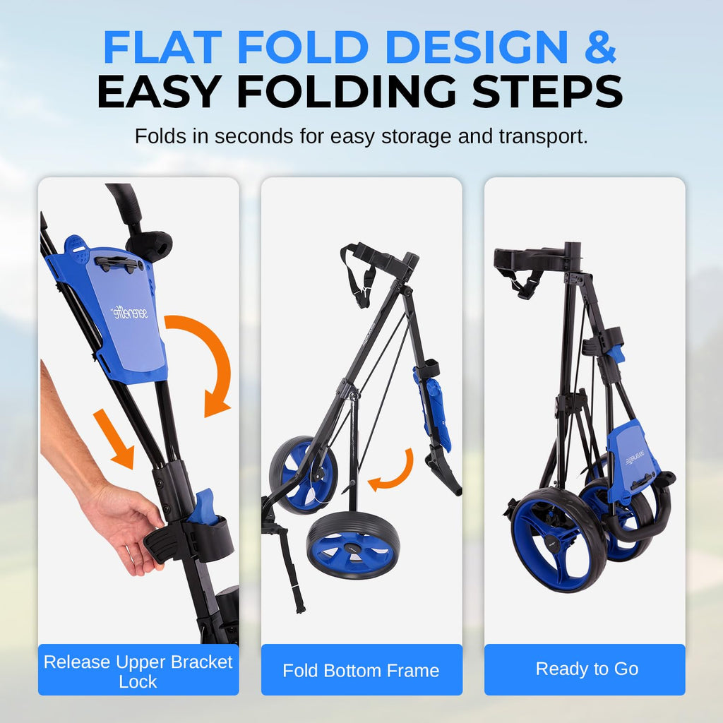 Serenelife 3-Wheel Golf Push Cart - Lightweight Folding Walking Roller Trolley Bag Storage, Upper & Lower Bracket W/Elastic Stra