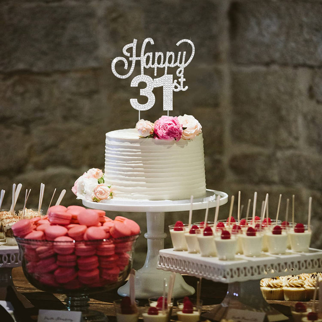 Lingteer Happy 31St Birthday Silver Rhinestone Cake Topper - Cheers To 31St Birthday 31 Years Old Anniversary Party Cake Centerp