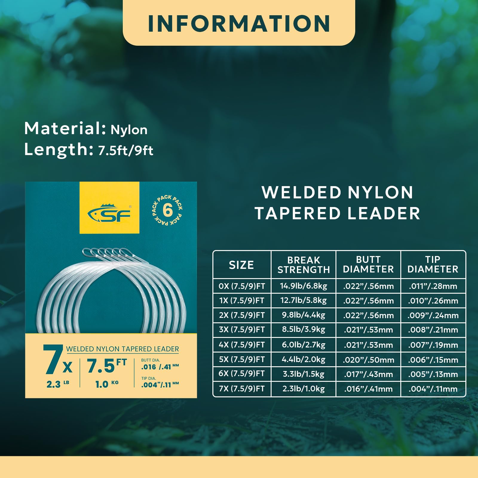 Sf Welded Tapered Leader Fly Fishing With Loop Nylon 7.5Ft Fishing Leader (7X 6 Pack)