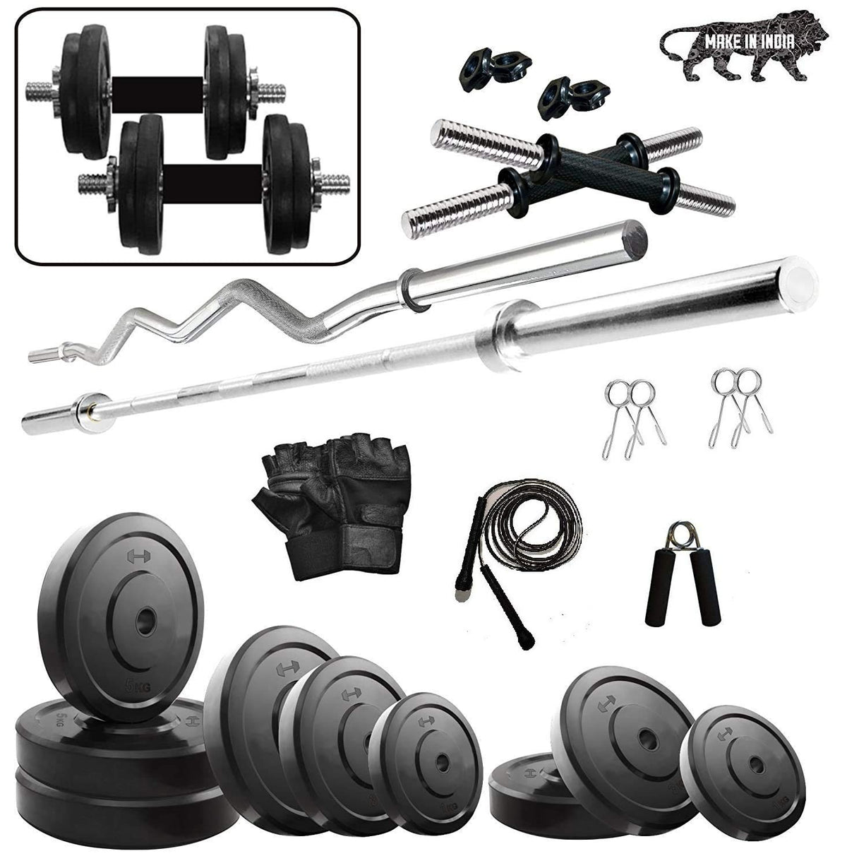Beacon International 38 Kg Pvc Home Gym Set With 5 Feet Straight Rod, 3 Feet Curl Rod, Rod Locks,Dumbbell Rods, Gym Gloves, Hand