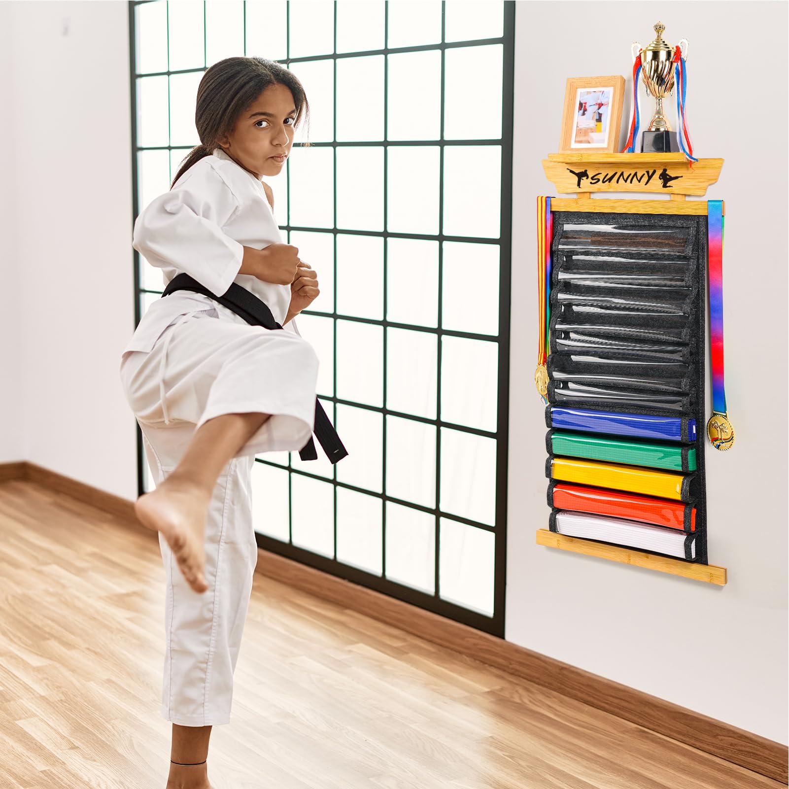 Tilhumt 12 Belts Karate Belt Display Rack With Photo Shelf, Felt Taekwondo Belt Display Holder Martial Arts Belt Display For Kid