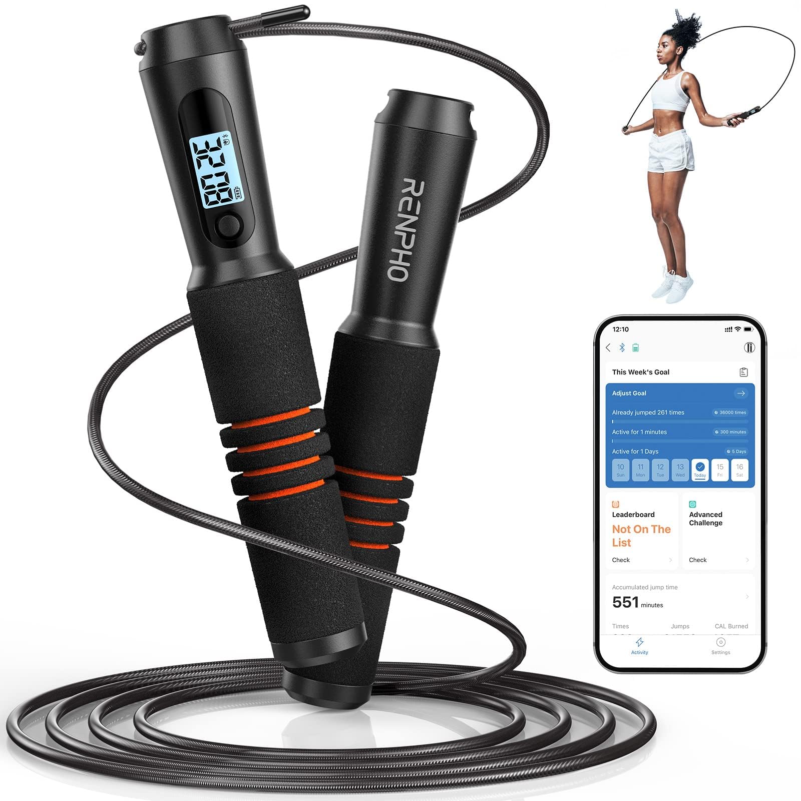 Jump Rope, RENPHO Smart Jump Rope with Counter, Fitness Skipping Rope with APP Data Analysis, Workout Jump Ropes for Home Gym, C