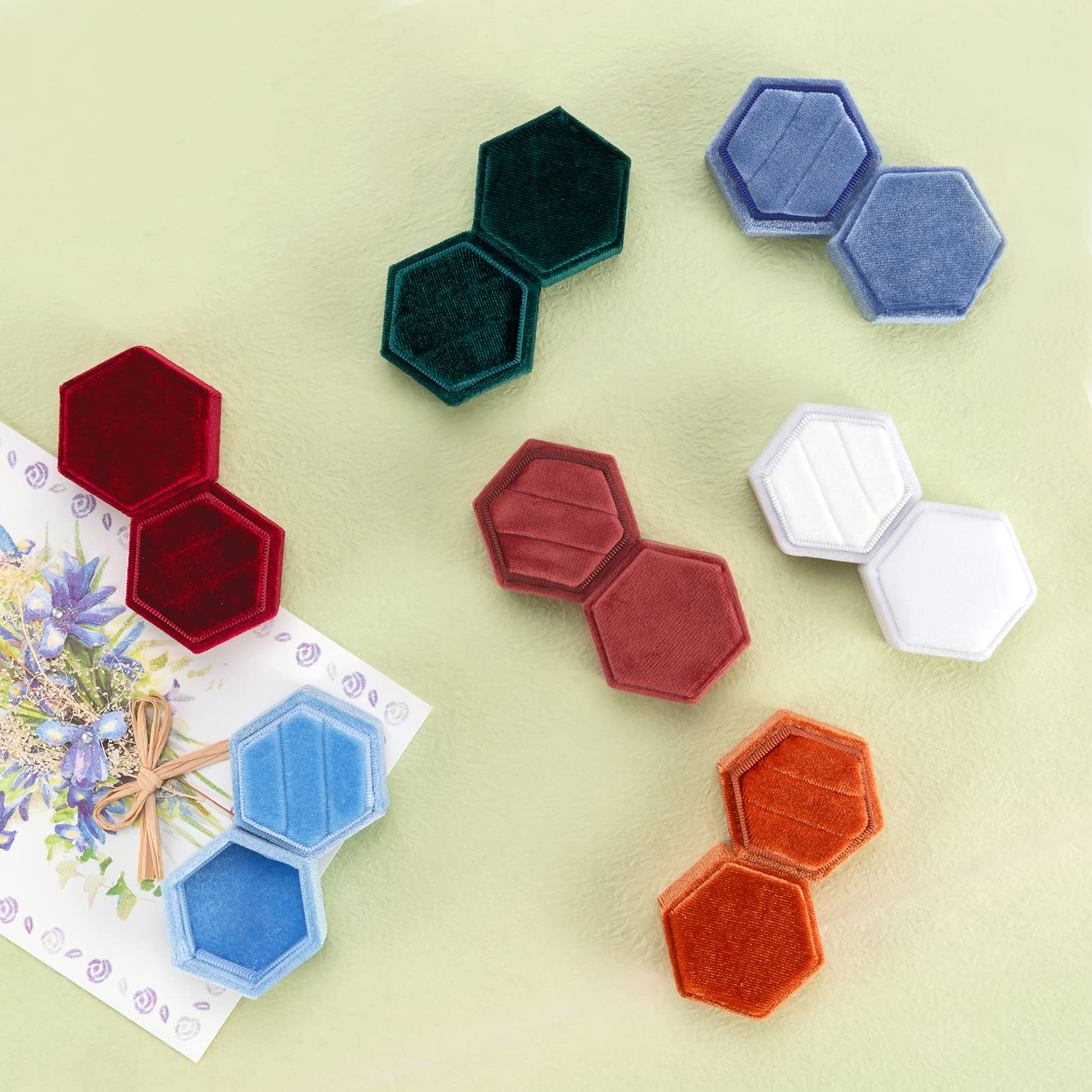 Smileshe Ring Box, Velvet Jewelry Boxes For Proposal Engagement Wedding Ceremony, Hexagon Mini Double Ring Slot Bearer Case With