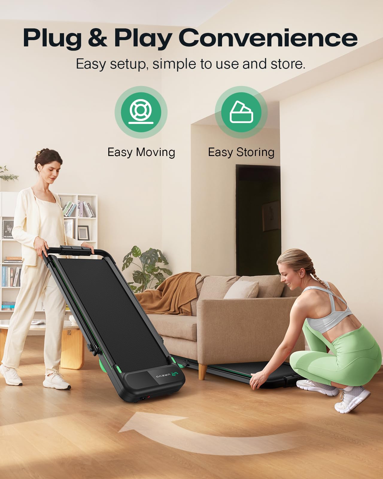 UREVO Strol 2E Smart 2-in-1 Folding Treadmill, Compact Walking Pad with Safety Handle, Plug and Play, Dual LED Display, Workout