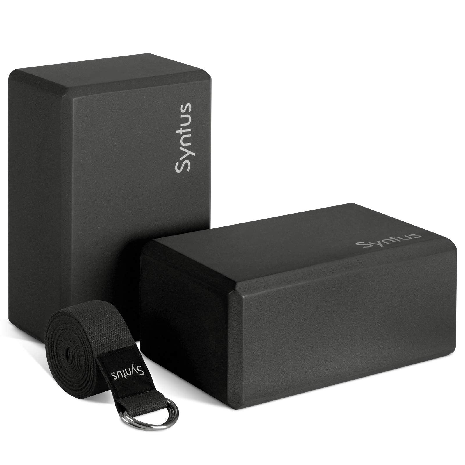 Syntus Yoga Block and Strap Set, 2 EVA Foam Soft Non-Slip Blocks 9  6  4 inches, 8FT Metal D-Ring Strap for Yoga, General Fitnes
