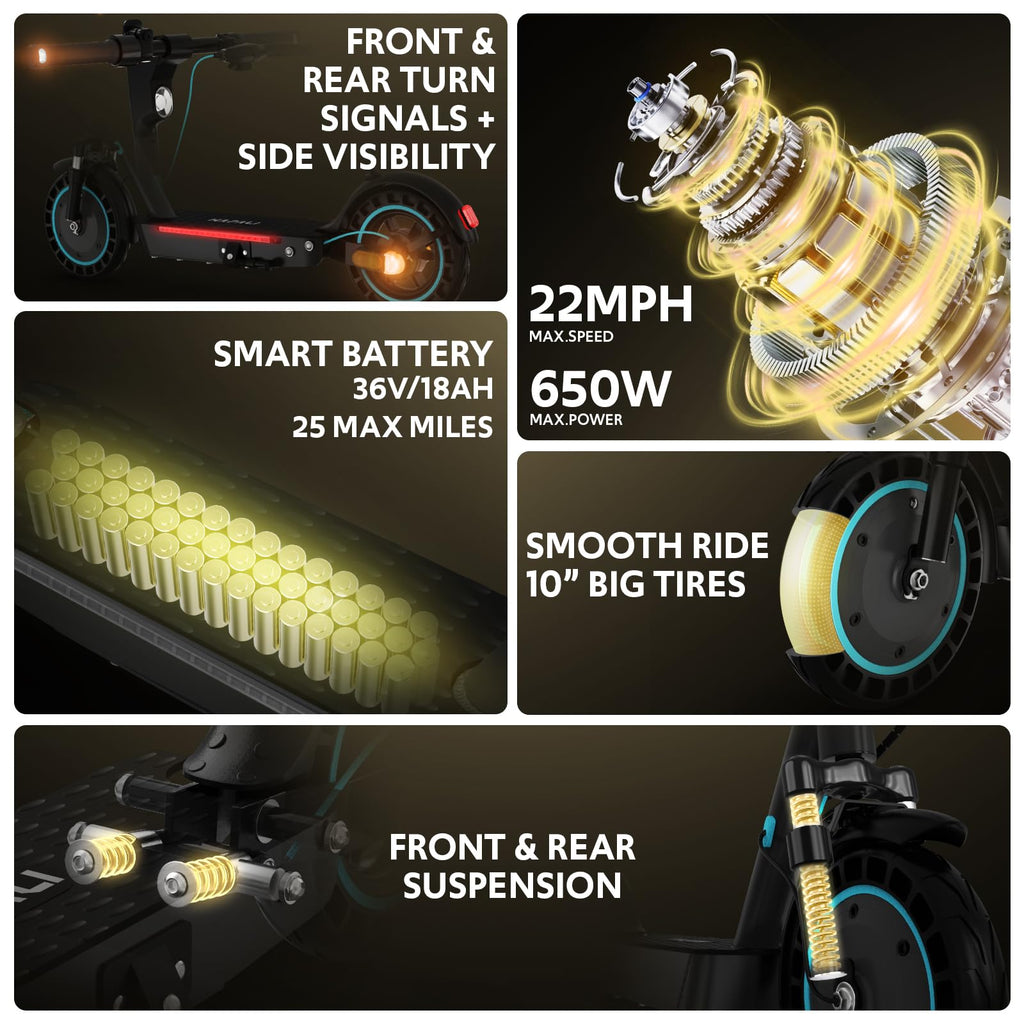 Electric Scooter for Adults, Foldable E-Scooter with Dual Suspension & Front/Rear Turn Signal Lights, 650W Motor, 36V 18AH Batte