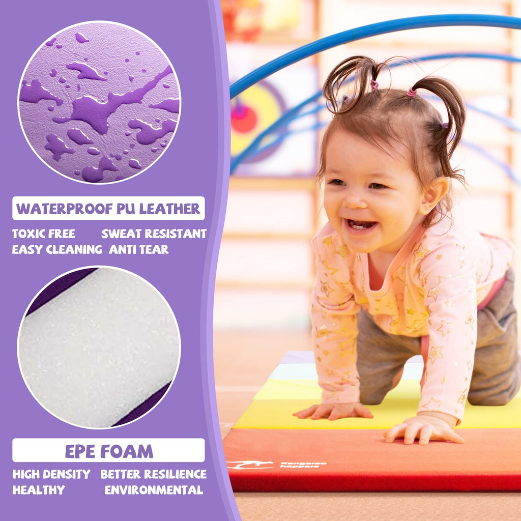 Kangaroo Hoppers Tumbling Mats For Kids, Foldable Gym Mat, Kids Gymnastics Mat With Carrying Handles For Home Activity Play, 3 F