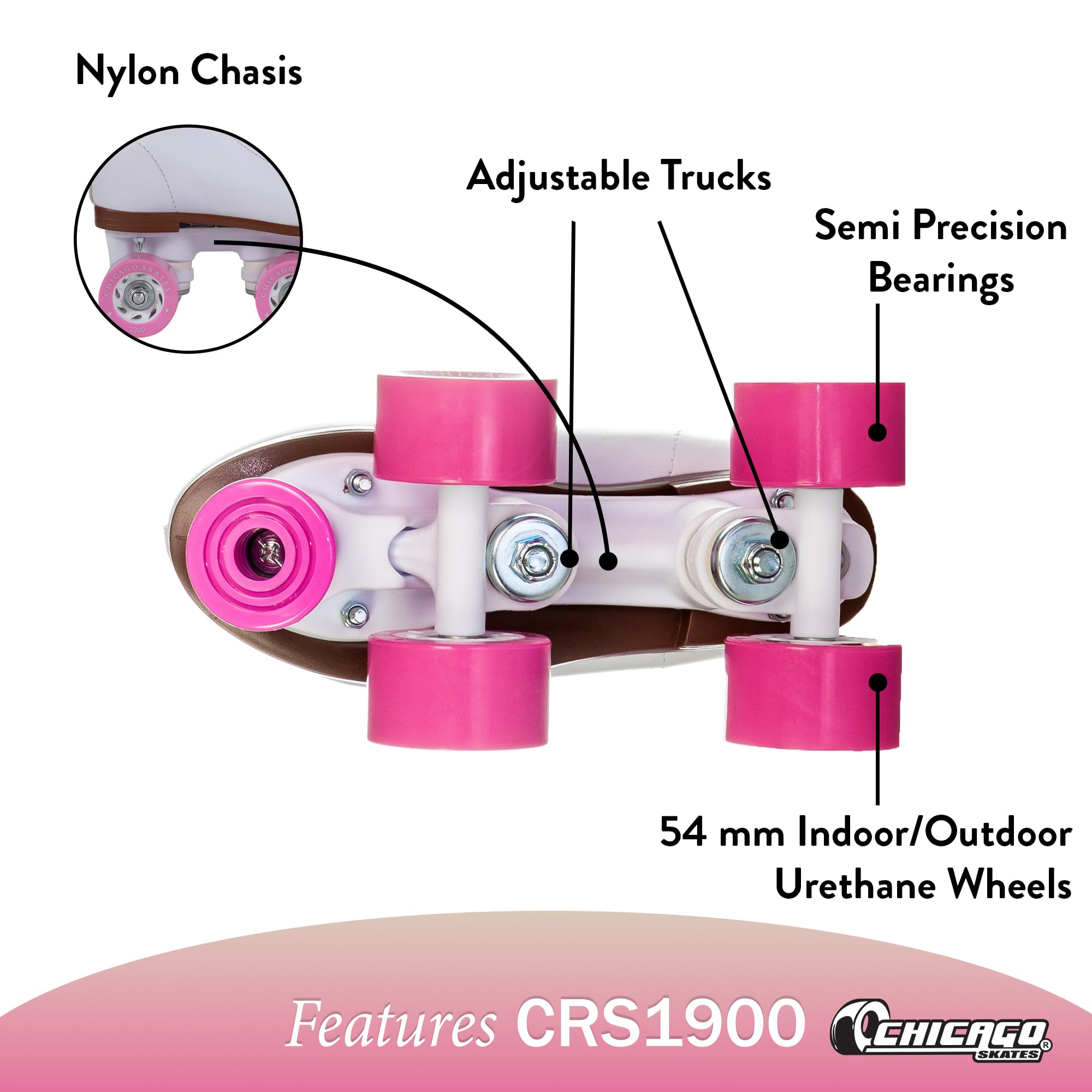 Chicago Girls Rink Roller Skates - Classic High-Top Quad Skates, Padded Ankle Collar, 54mm Urethane Wheels, Adjustable Trucks, I