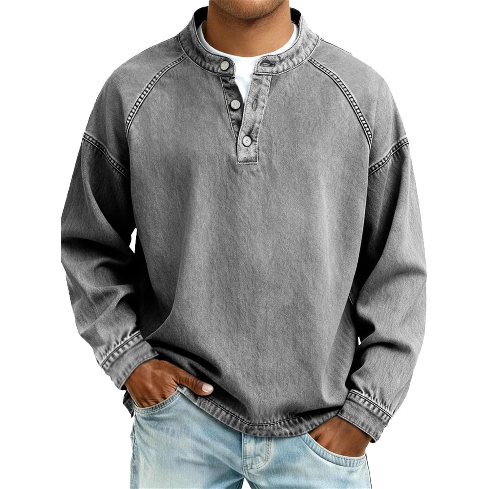 Men s Vintage Distressed Denim Henley Pullover Long Sleeve Raglan Sleeve with Button Placket (Grey, XXXXL)