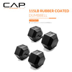 CAP Barbell 115 LB Rubber Coated Hex Dumbbell Hand Weight - Pair | Black Handle