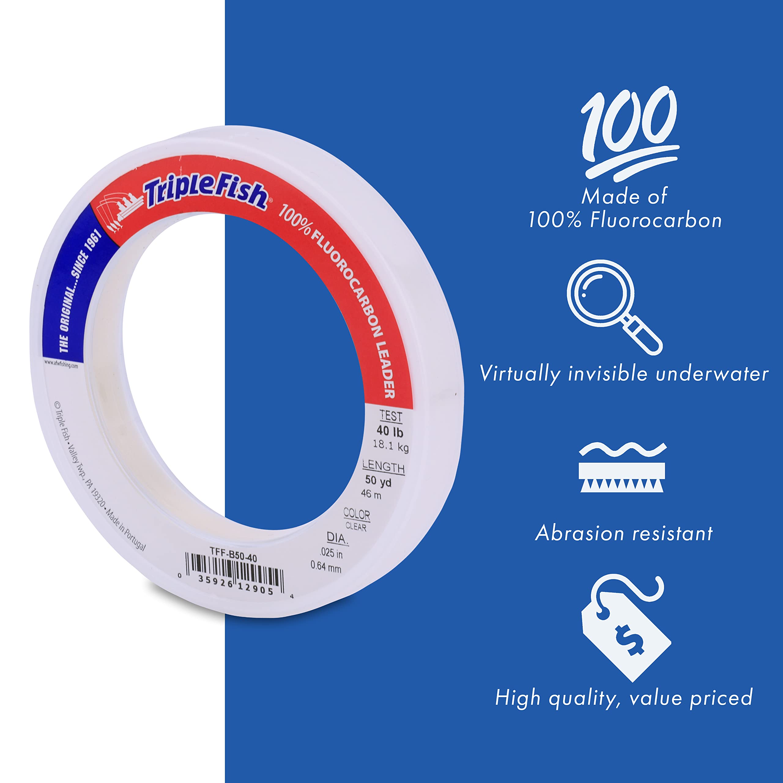 Triple Fish 60 Lb Test Fluorocarbon Leader Fishing Line, Clear, 0.80 Mm/50 Yd