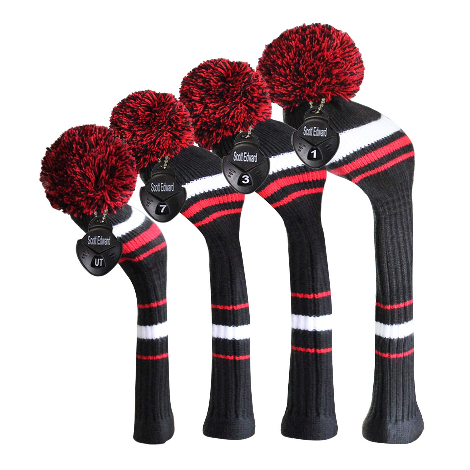 Scott Edward Black White Red Stripes Golf Headcover Set 4 For Driver Wood/Fairway Wood And Hybrid