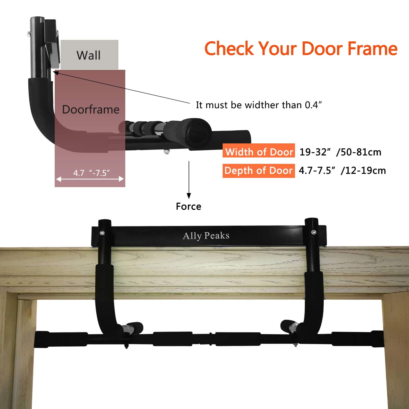 Ally Peaks Pull Up Bar For Doorway | Thickened Steel Max Limit 440 Lbs Upper Body Workout| Multi-Grip Strength| Indoor Chin-Up B