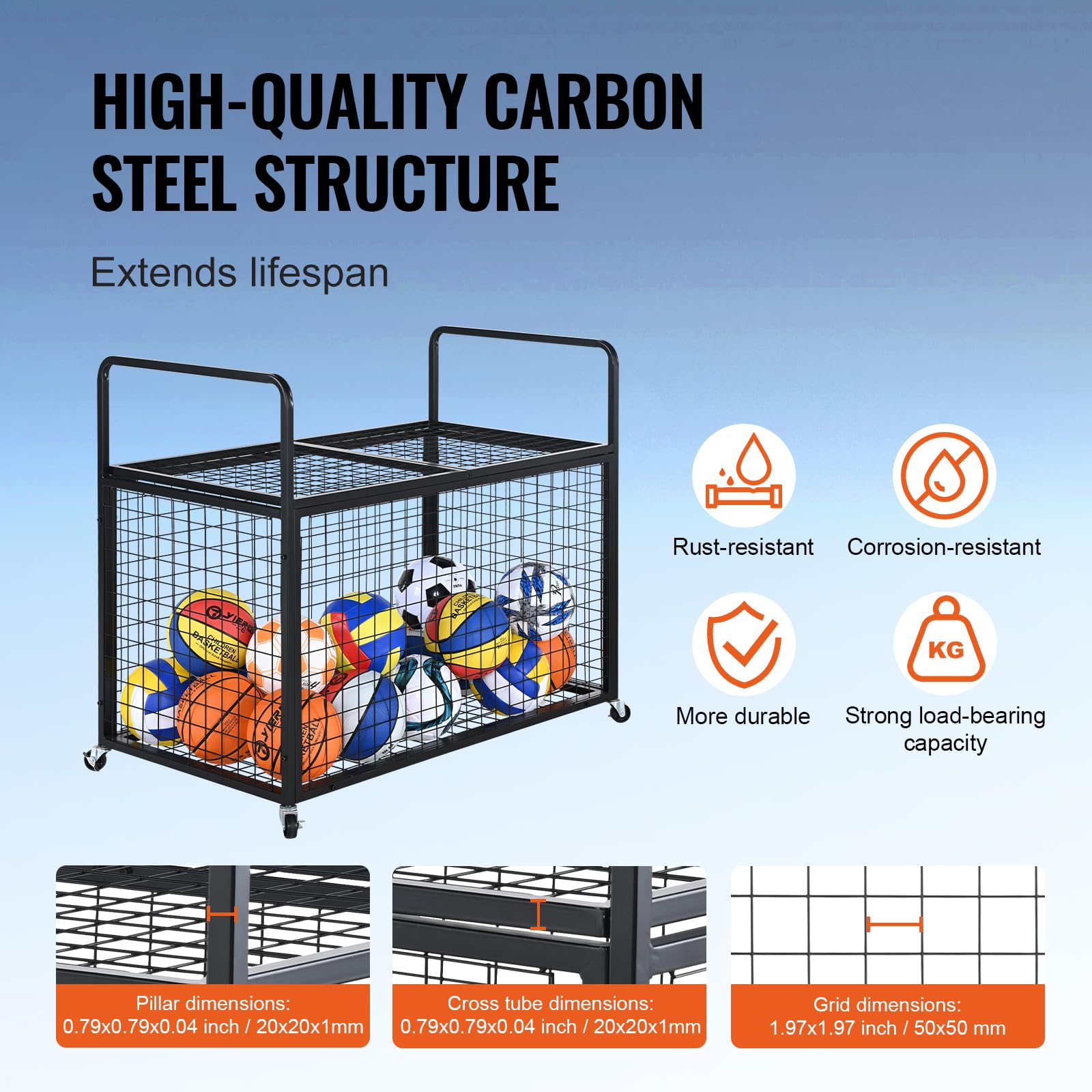 Vevor Rolling Sports Ball Storage Cart, Lockable Basketball Cage With Double Lids, Sport Equipment Holder Organizer For Indoor O