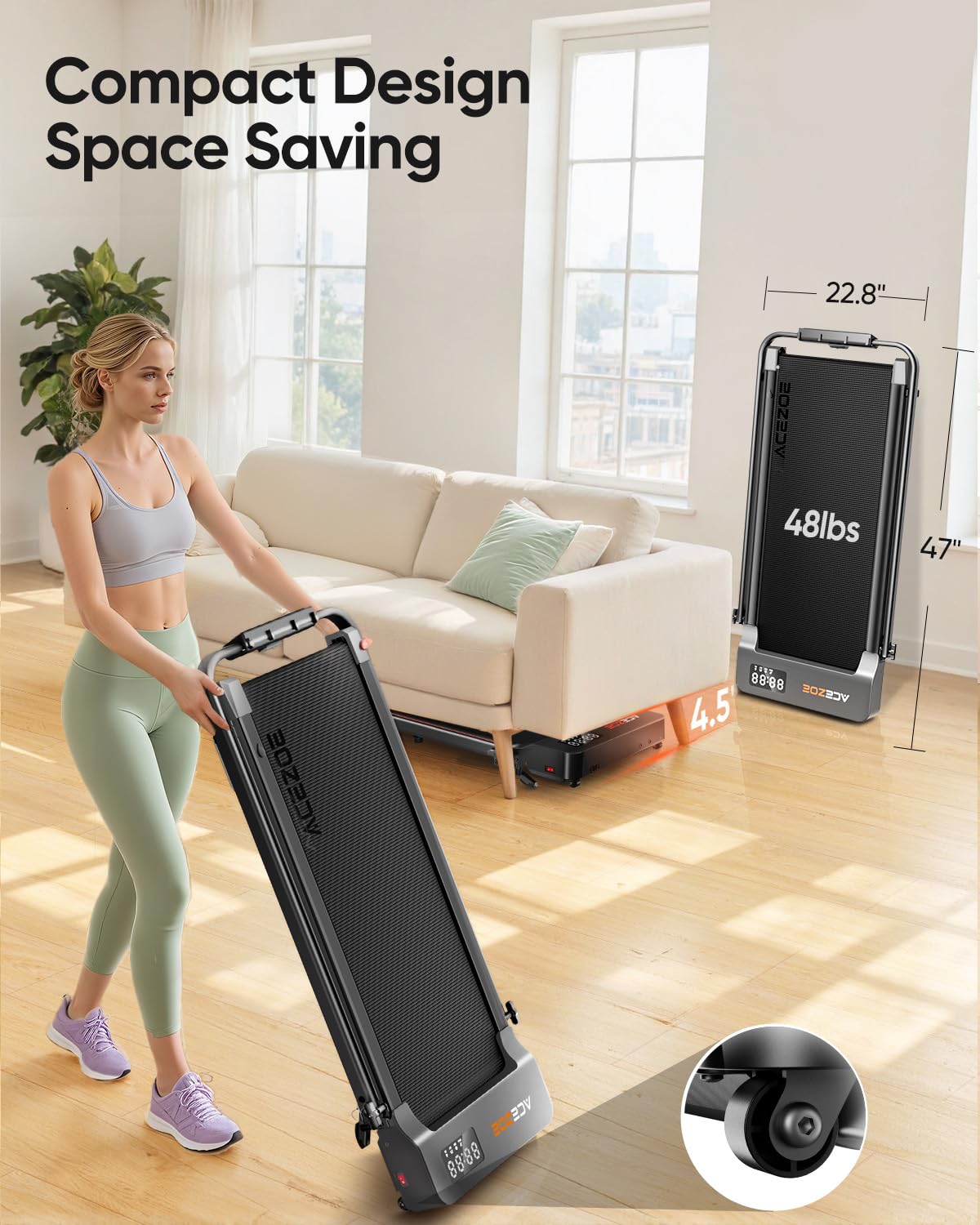 Acezoe 2-in-1 Foldable Treadmill with 3-Level 10% Incline, Walking Pad for Home Small Office, Compact Portable Under Desk Treadm