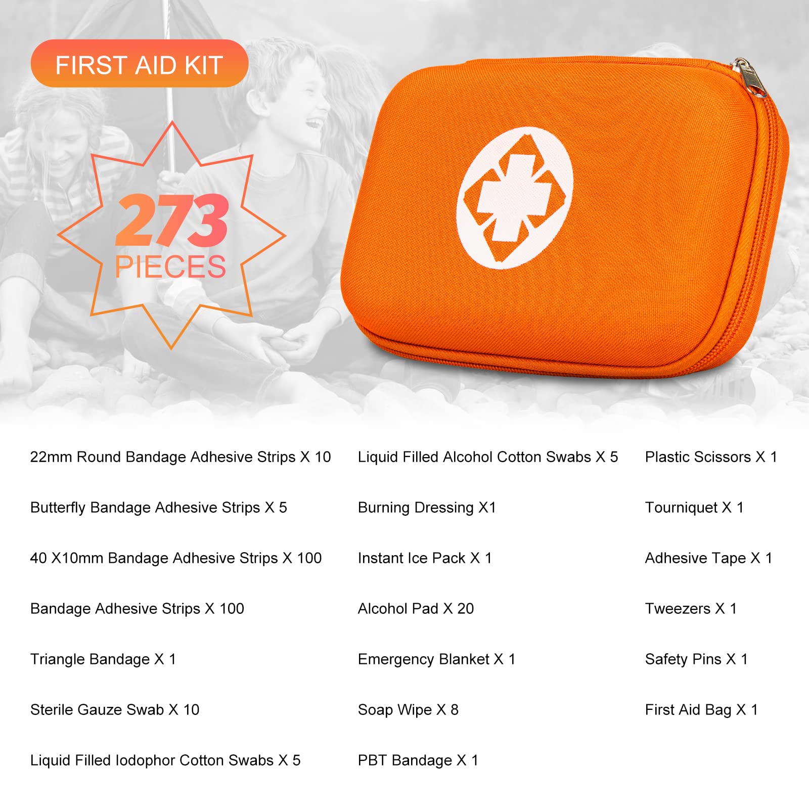 First Aid Kit Emergency Kit Camping Essentials Car-Home Orange First-Aid Bag - 277 Piece Emergency Supplies Hiking First Aid Kit