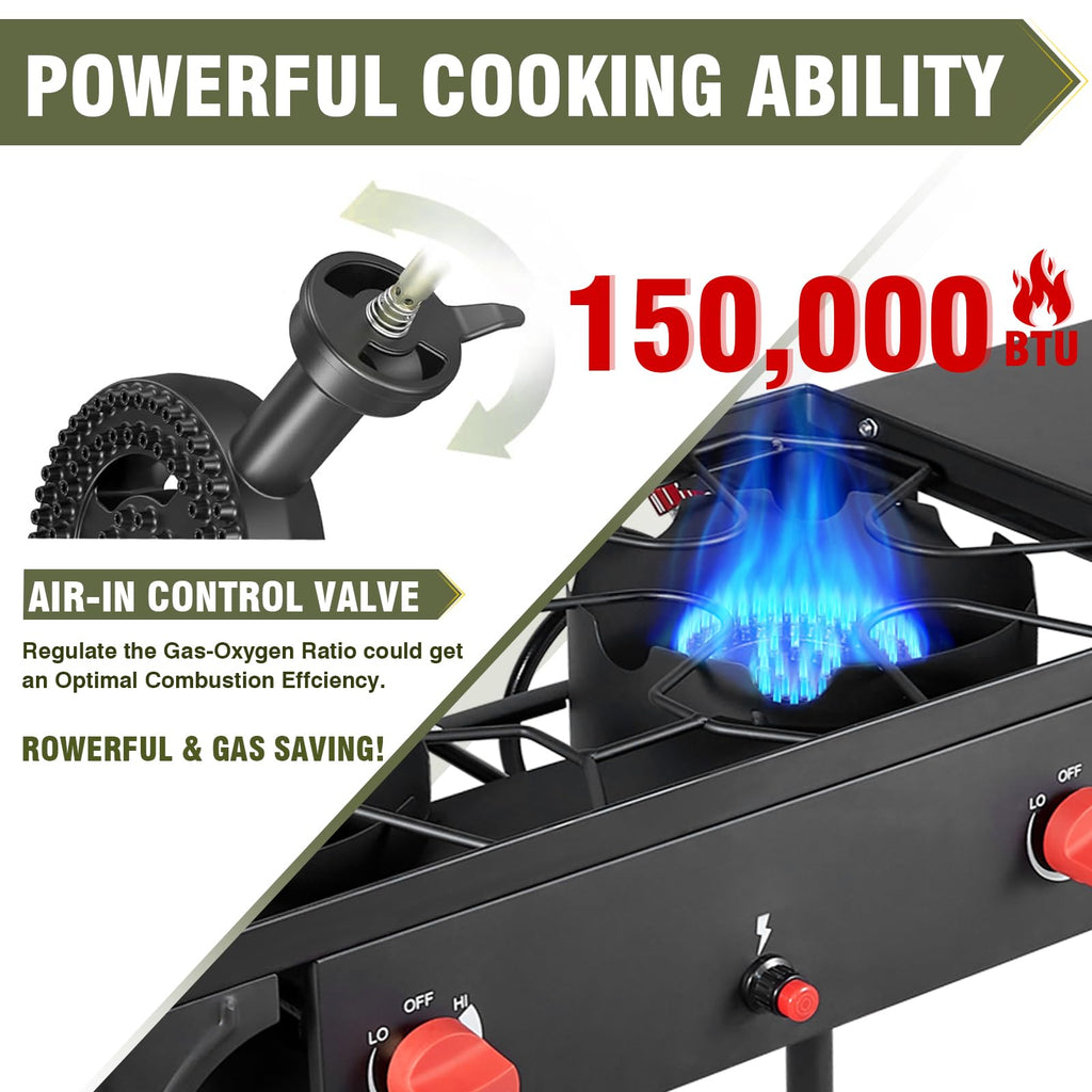 Bestfire 2 Burner Camping Stove With Auto Ignition Button,Side Shelves & Regulator150,000 Btu Gas Stove Propane Burner With Remo