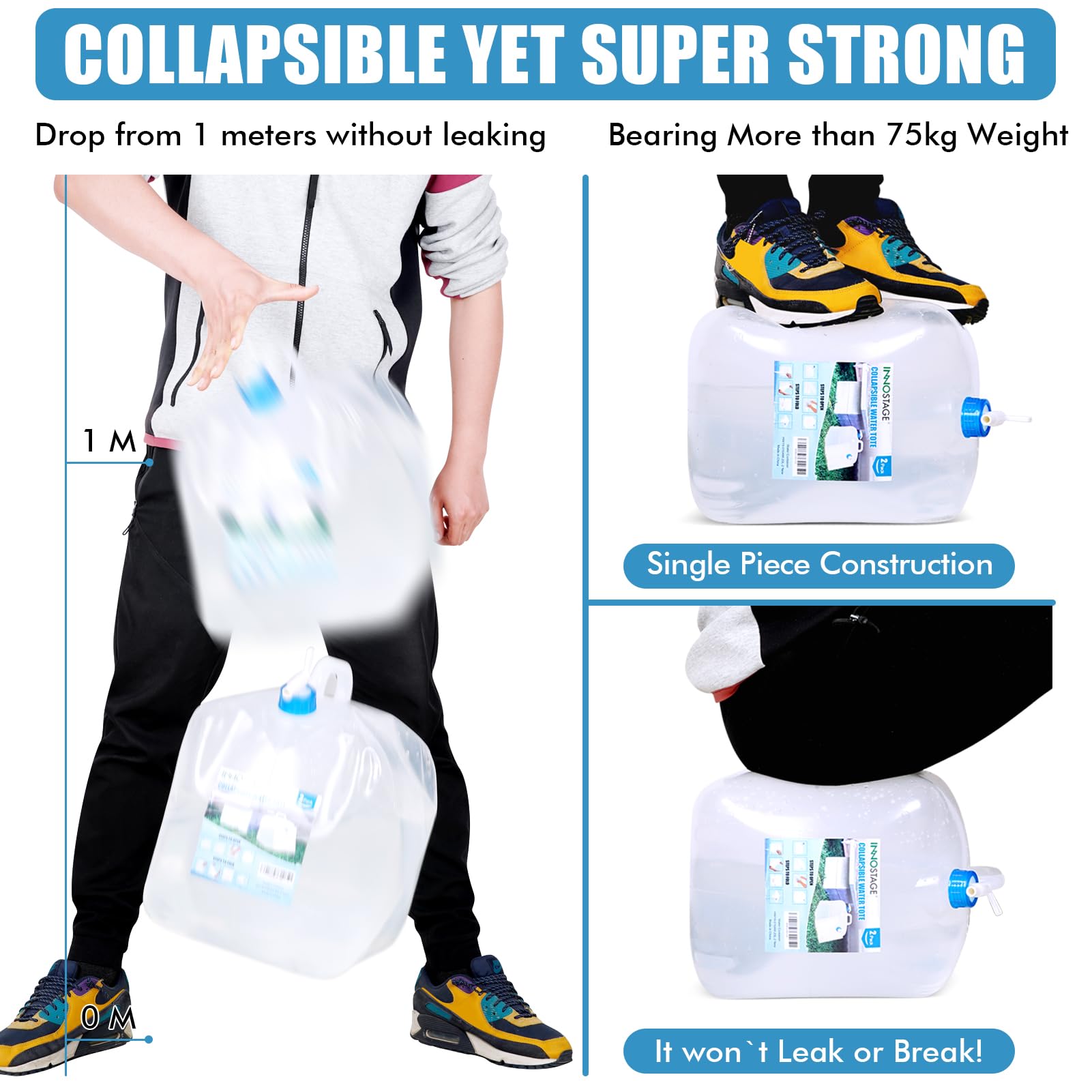 Inno Stage 4 Pack Collapsible Water Container 5.3 Gallon With Spigot, Camping Water Storage Carrier Jug For Outdoors Hiking, Fol