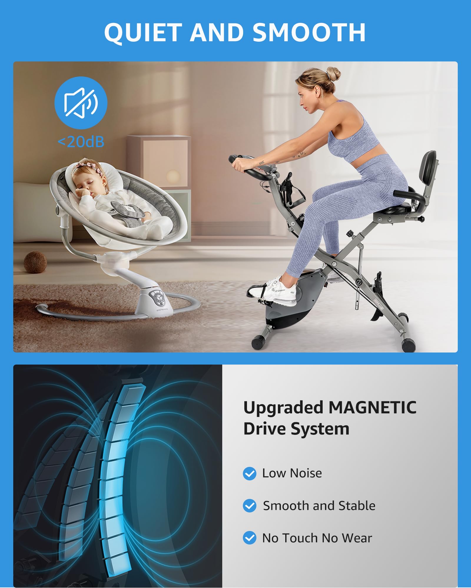 Foldable Exercise Bike Stationary Bikes for Home, 5 IN 1 Indoor Workout Bike for Seniors, with 16-Level Quiet Magnetic Resistanc