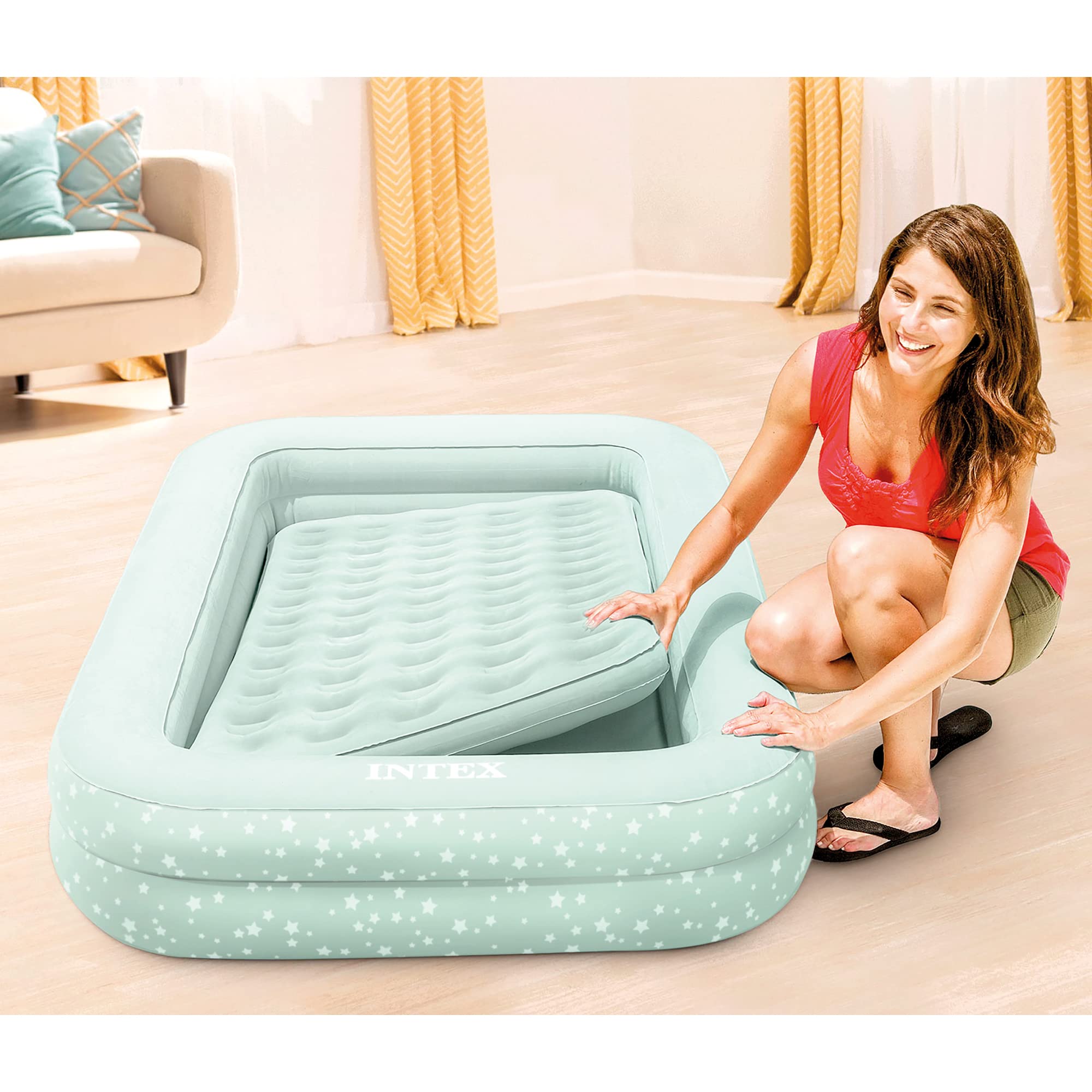Intex Kids Travel Air Mattress Inflatable Bed Set With Raised Sides, Hand Pump, And Carrying Bag For Camping Trips And Sleepover