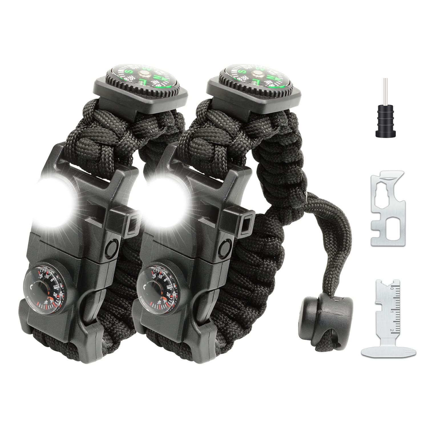 Nvioasport 20 In 1 Paracord Bracelet, Adjustable Gear Kit With Sos Led Light, Fire Starter, Bigger Compass, Survival Whistle, Pe