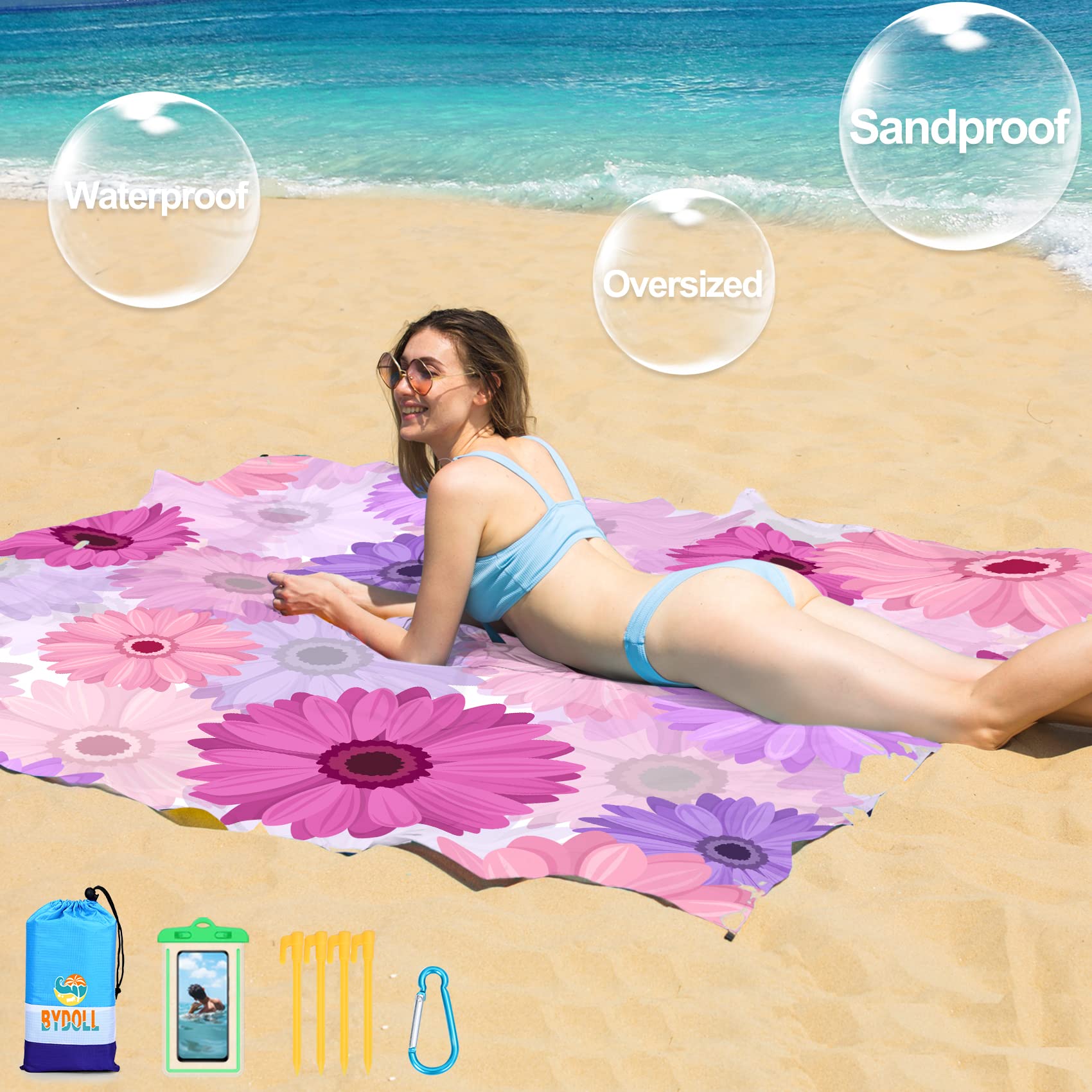 Bydoll Beach Blanket Waterproof Sandproof Daisy 78''  81'' 1-5 Adults Oversized Lightweight Large Picnic Mat Waterproof Sandproo