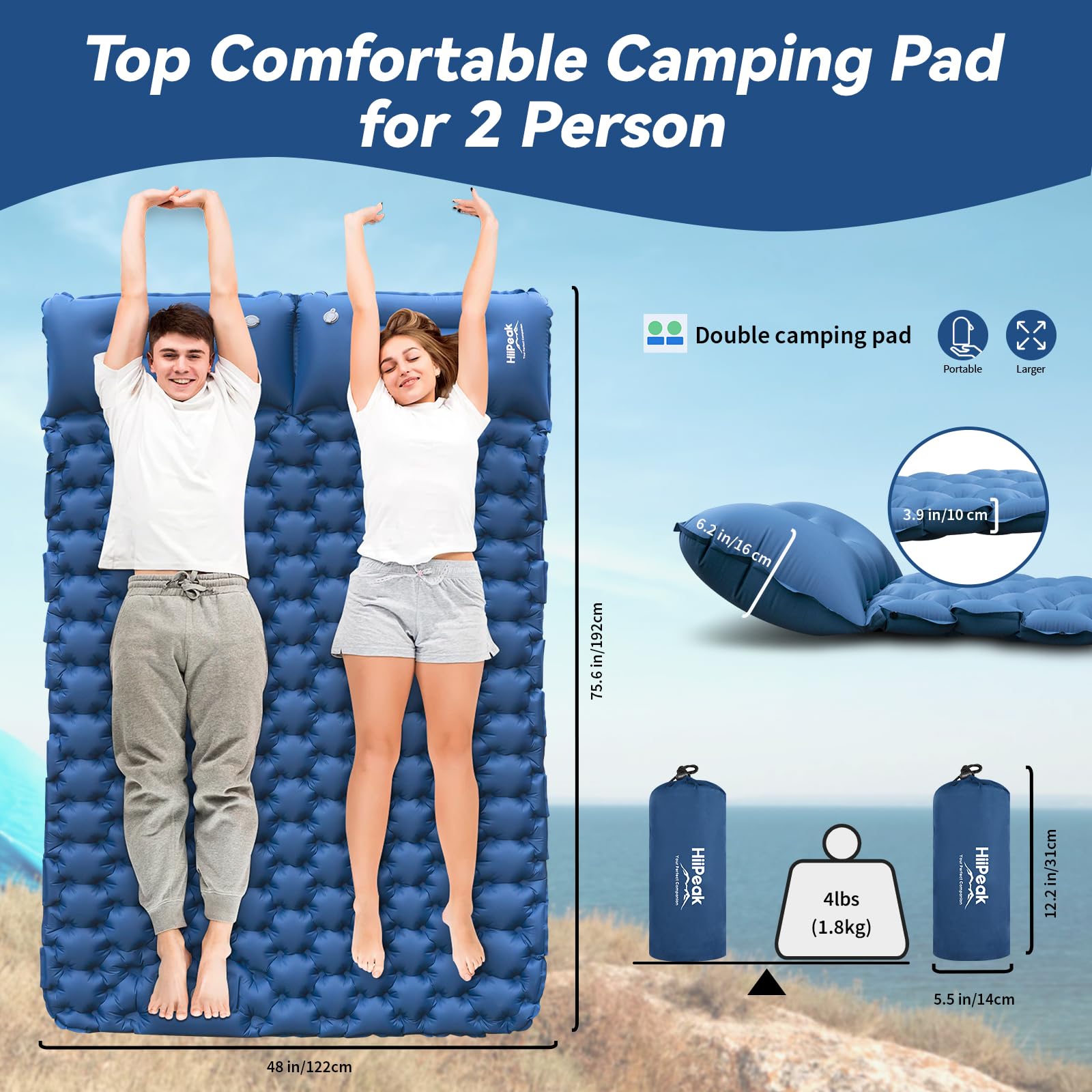 Hiipeak Double Sleeping Pad For Camping With Foot Pump & Pillow, Self Inflating Sleeping Mat For 2 Person, Ultralight Portable S