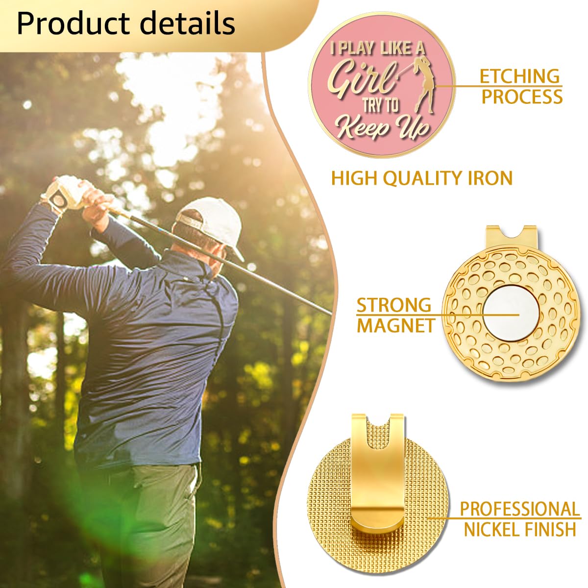 Geygie I Play Like A Girl Try To Keep Up Pink Gold Golf Ball Marker With Magnetic Hat Clip, Funny Golf Gifts And Accessories For