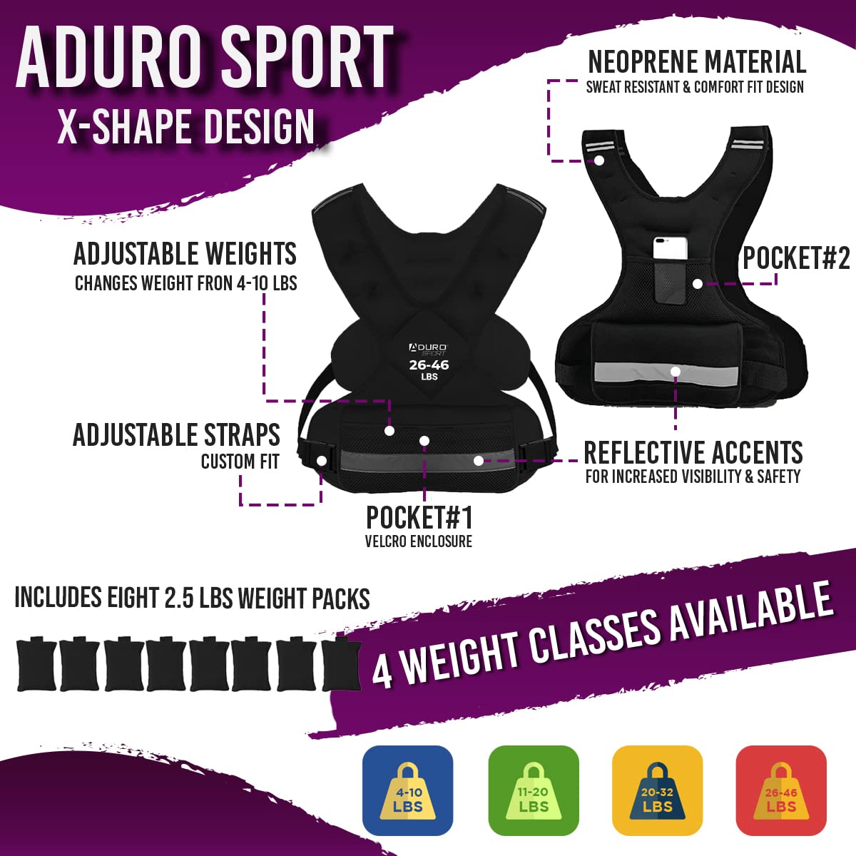 Aduro Sport Adjustable Weighted Vest Workout Equipment, 26Lbs-46Lbs Body Weight Vest For Men, Women, Kids