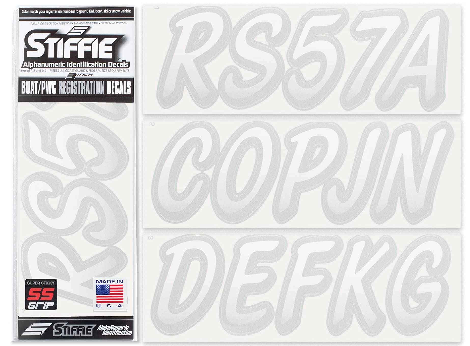 Stiffie Whipline White/Silver 3 '' Super Sticky Boat & Pwc Registration Decals  Numbers Letters Stickers