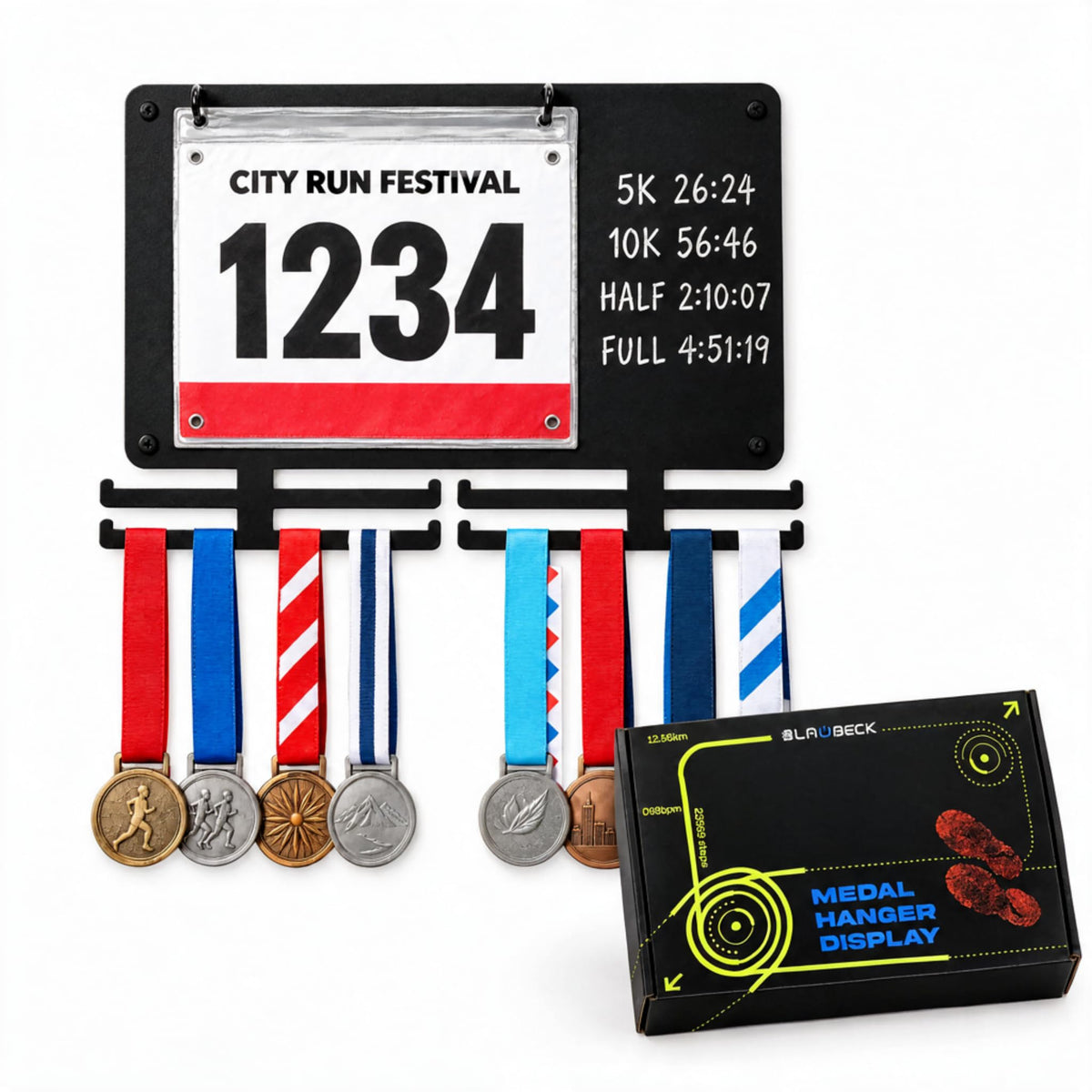 Running Medal Hanger & Bib Display Board with Chalkboard | BLAUBECK Wall Holder