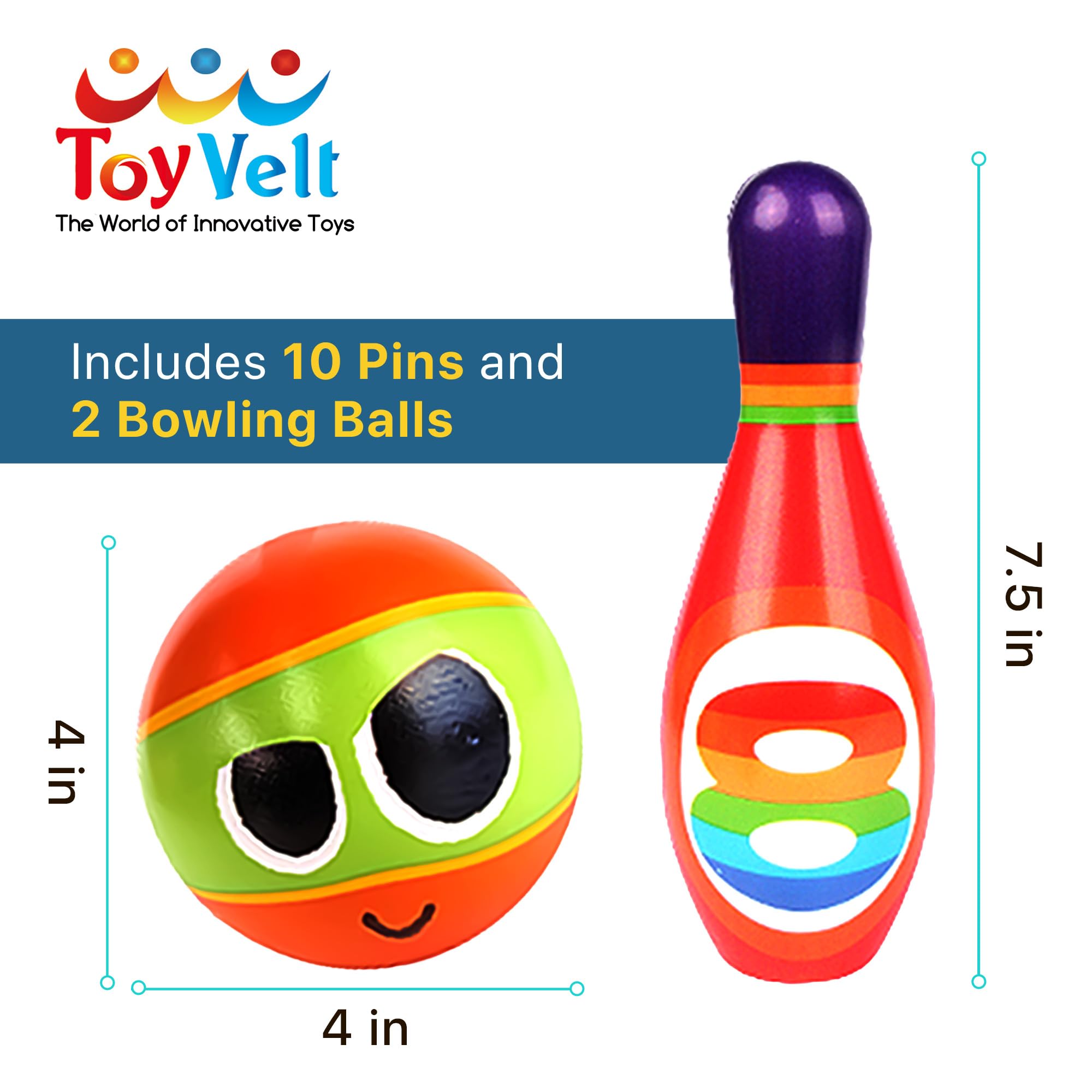 Toyvelt Kids Bowling Set - With 10 Bowling Pins & 2 Balls - Educational Early Development Indoor & Outdoor Games Set - For Toddl