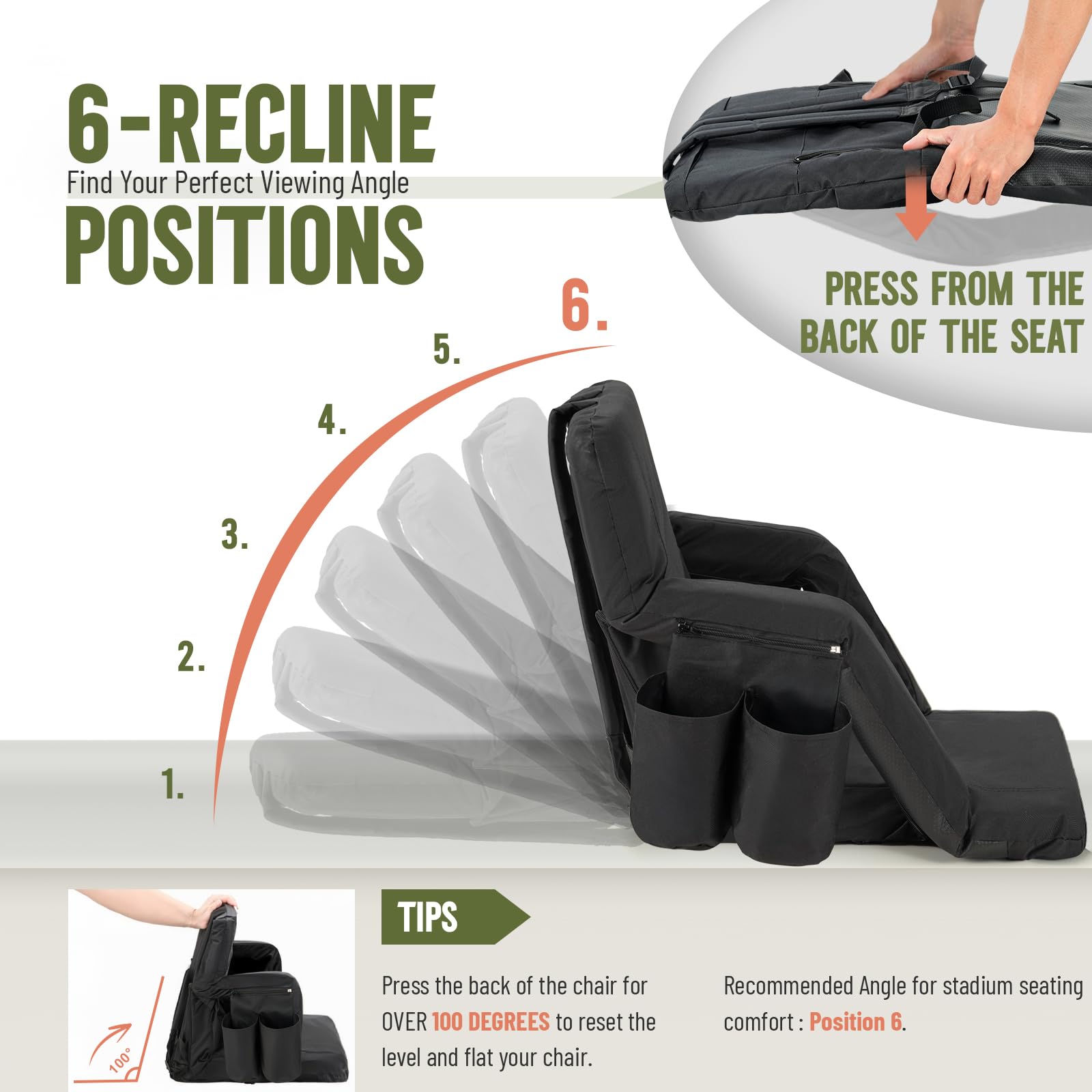 Overmont Stadium Seat With Back Support - 6-Position Recliner, Extra Wide Cushion, Dual Hooks, Backpack Straps, And Multiple Poc