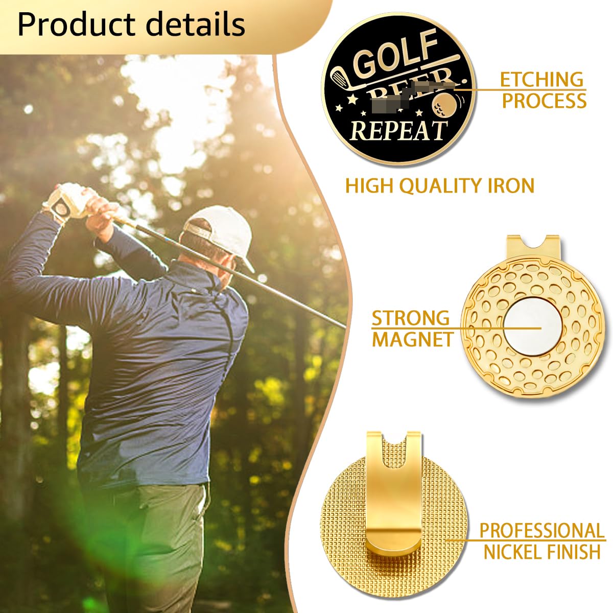 Geygie Golf Repeat Black Gold Golf Ball Marker With Magnetic Hat Clip, Golf Accessories For Men Women, Golf Gifts For Men Women