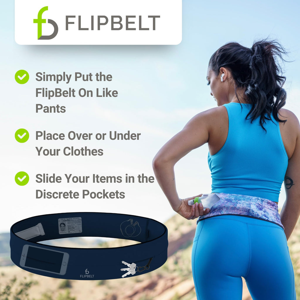 FlipBelt Classic Running Belt for Phone and Small Accessories, Exercise Waist Pouch for Women and Men, Midnight Blue, M